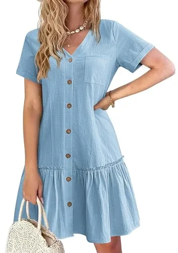 Hotouch Vestido Camisero Mujer Verano Lino Elegante con Botones Vestido Veraniego Manga Corta Túnica Escote en V Vintage Mini Azul Claro M