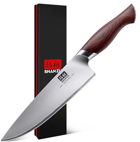 SHAN ZU Cuchillo de Chef Profesional 20cm - Cuchillo de Cocina Japonés con Hoja Afilada de Acero Inoxidable 10Cr15MoV (62 HRC) - Mango de Madera Pakka Ergonomico - OKINAWA Series