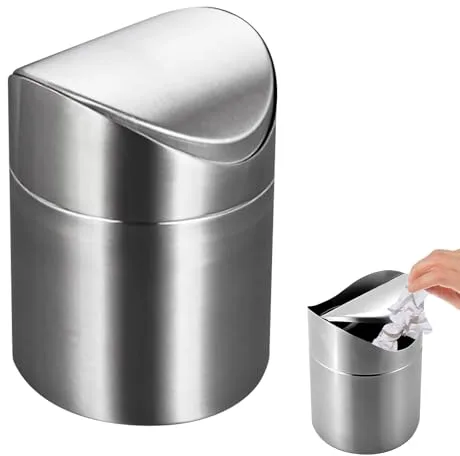 Cubo de Basura de Mesa con Tapa, 2L Mini Papelera Escritorio Cubierta Deslizante, Papelera Pequeña de Acero Inoxidable Papelera de Baño para Cocina, Dormitorio, Baño, Oficina, Plata (12×12×16cm)