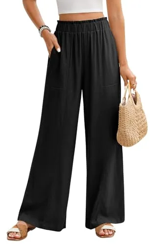 PASUDA Pantalones Mujer Verano de Lino Anchos Pantalones Casuales Fluido Largo Pantalones Cintura Alta Elástico con Bolsillos Pantalón Comodo Ligeros Verano Frescos (Negro, L)