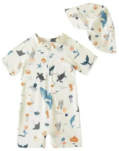WYTbaby - Traje de baño de una pieza para bebé, traje de natación para niños pequeños de manga larga, protección UV para bebés, niños y niñas, con gorro solar, beige, 6- 12 Meses