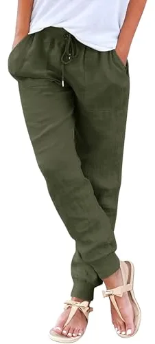 Yuson Girl Pantalones de Lino Cómodos Palazzo Alta Cintura Rectos Ligero Casuales Flojos Anchos con Bolsillos y Cordón
