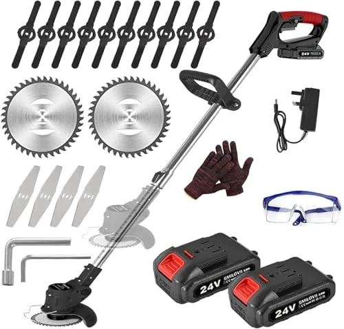 SMILOVII Desbrozadora Bateria 24V (650W), Cortabordes Electrico 3 en 1 con 2 Baterías 2000mAh, Desbrozadora Electrica Multifunción para Jardín, 16 Cuchillas y Cabezal 90°, Desbrozadoras para Maleza
