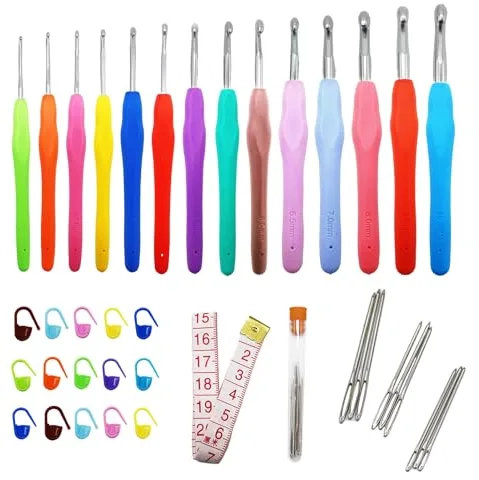 Kit Conjunto Agujas de Ganchillos, 14 Piezas Crochet Hook Set de Ganchillos Accesorios, Kit de Agujas de Tejer con Manijas Ergonómicas de Agarre Suave, Regalo para Mujer (2,0 mm a 10,0 mm)