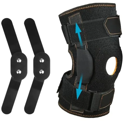 AOOWU Rodillera con Bisagras, Ajustable Rodillera Deportiva con Rótula Abierta y Estabilizadores Laterales Dobles, Soporte de Rodilla Unisexo, Fuerte Estabilidad para Alivio del Dolo (L)