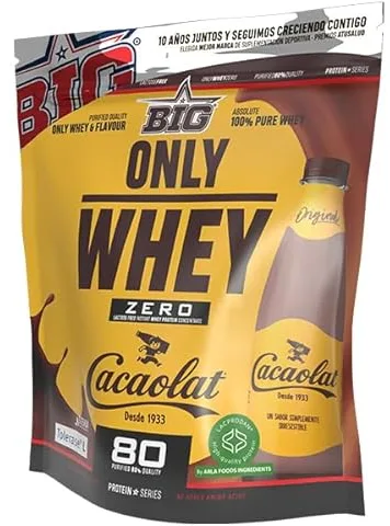BIG - Proteinas Whey - Proteina en Polvo para Desarrollo de Masa Muscular y Recuperación - Materia Prima Premium - Whey Protein Sin Lactosa, Sin Azúcar, Sin Grumos (250g, Cacaolat)