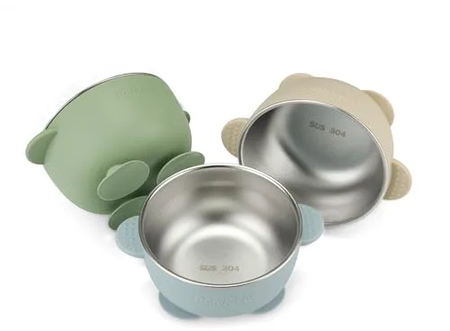 PandaEar Tazones Infantiles con Ventosa de Acero Inoxidable, Paquete de 3, Cuencos Antideslizantes con Funda de Silicona para Bebés, Niños y Niñas Pequeños, irrompibles y sin derrames (Azul)