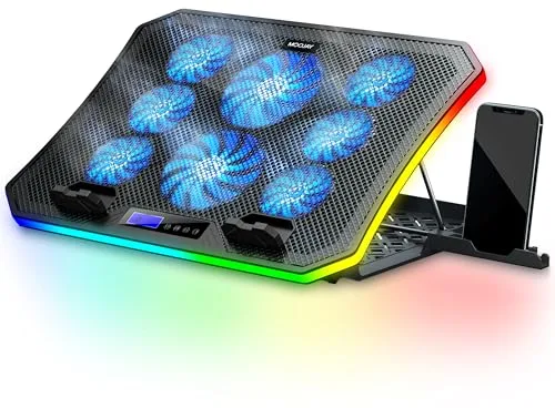 MOOJAY C50 Gaming Base Refrigeradora Portatil, 10 Modos Luces RGB Soporte Refrigeración Portátiles, 8 Alturas Ajustables con 8 Ventiladores y Soporte Teléfono per 15,6-17,3" Laptops - Azul