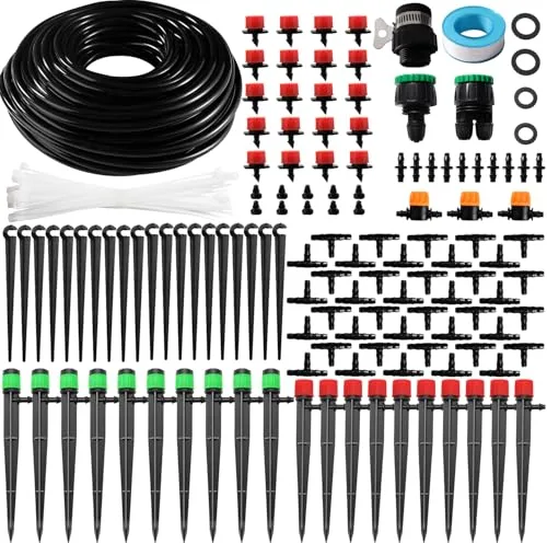 VooGenzek 162 Piezas 4/6 mm Kit de Sistema de Riego por Goteo, 25m Manguera de Riego, Kit de Riego por Goteo Automático, con Juntas de Púas Rectas, Conectores en T, Tapones Extremo, para Jardin