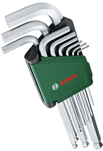 Bosch juego de llaves hexagonales, 9 piezas (acero S2 de alta calidad; 1,5-10 mm; brazo largo; extremo de bola con compensación de 30 grados; protección frente a corrosión; clip)