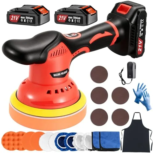 Ofeace Pulidora Coche Inalambrica con 2 Baterías, 21V Pulidora Orbital Coche con 8 Velocidades Variables,2800-5500RPM Kit Pulidora Coche para Pulir, Encerar y Eliminar Arañazos del Coche