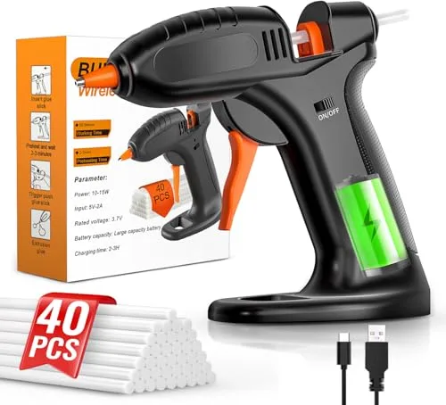 BURNNOVE Pistola Silicona Caliente Inalámbrica Profesional 3000mAh, Pistola de Pegamento con 40pcs Barras, Calentamiento Rápido, Pistola Manualidades para Bricolaje, Ideal Para la Escuela Arte