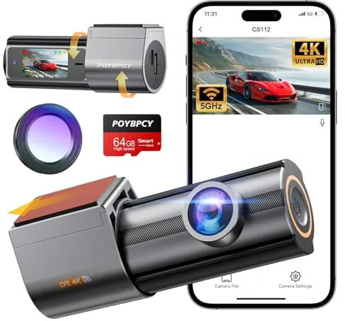 Dashcam 4K, Dash CAM Coche con CPL, WiFi Camara Coche Grabadora con Tarjeta 64G, Super Visión, Gran 170°, Control App, Sensor G, Monitor de Aparcamiento, Grabación de Bucle