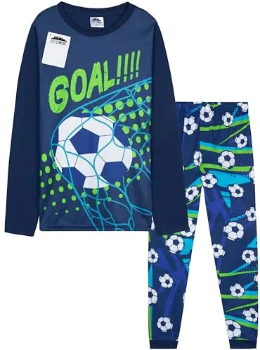 CityComfort Pijama Niño Manga Larga Invierno Pijamas Divertidos Niños Juvenil Chico Largo con Diseño Fútbol Ropa de Dormir (7-8 Años, Azul/Verde Football)
