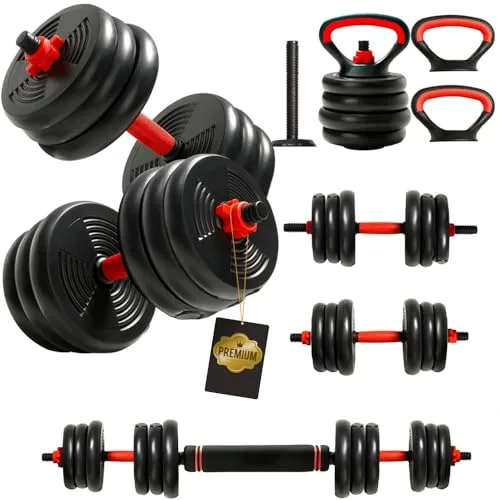 ManiBoom Juego de Pesas y Mancuernas 2 en 1 Ajustables - Juego Mancuernas 10kg - 50kg ANTIDESLIZANTES - Juego de Pesas para Casa con Barra Ajustable y Cierres de SEGURIDAD - Kit de Ejercicio