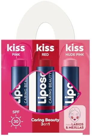 LIPOSAN Pack Bálsamo Labial Caring Beauty 3en1, combina los bálsamos de labios y colorete en barra en 3 tonos (rojo, rosa y pink nude), protector labial en stick 3 en 1 (3 x 4,8 g)