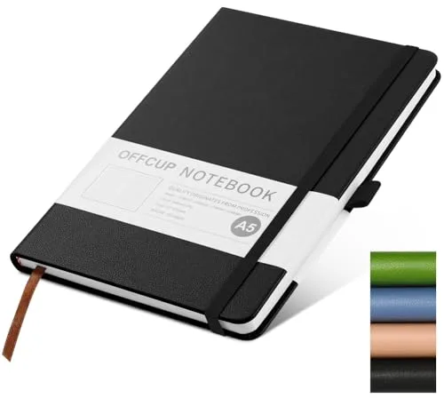 OFFCUP Cuaderno Rayado A5, Cuaderno de Piel de 192 Páginas, Banda Elástica Bloc de Notas, Diario de Rayas con Tapa Dura de 80 gsm para Escribir Trabajar Estudiar Agenda (Negro)