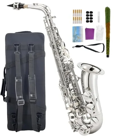WUQIMUSC Saxofón alto profesional Eb – Kit completo de saxofón para principiantes con funda de transporte, boquilla, correas, lengüetas, kit de limpieza, perfecto para estudiantes y adultos (níquel)
