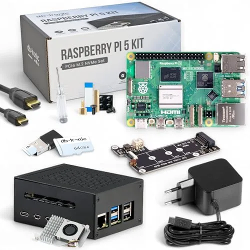 Raspberry Pi 5 4GB PCIe M.2 NVMe - Juego | Caja metálica | Enfriador Activo | Placa PCIe SSD M.2 NVMe | Fuente de alimentación Oficial USB-C 27W | 64 GB Edition | Cable HDMI 4K