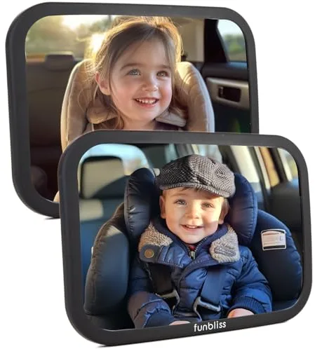 Funbliss 2 Paquetes Espejo Coche Bebe,Espejo Coche Bebe Asiento Trasero,Con Vclara y Amplia, Instalación Rápida,360° Rotación,Vidrio Acrílico Irrompible
