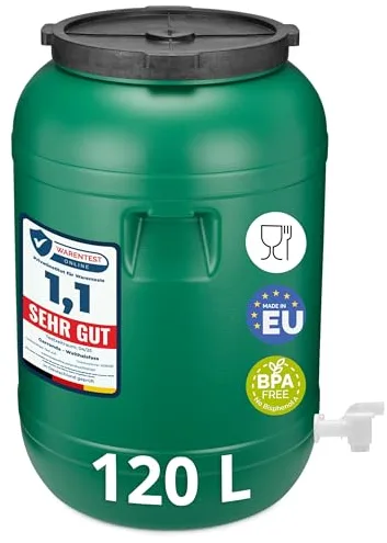 Garronda 120 litros con grifo Bidón de plástico, Barril alimentario en HDPE y sin BPA, depósito de agua, Barril universal de boca ancha, tonel de jardín, Contenedores de almacenamiento GD-0142, Verde