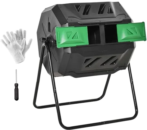 Outsunny Compostador Giratorio de 160L Contenedor de Compostaje de Jardín de Doble Cámara Compostadora con Aberturas de Ventilación y Patas de Acero 71x65x96 cm Negro y Verde