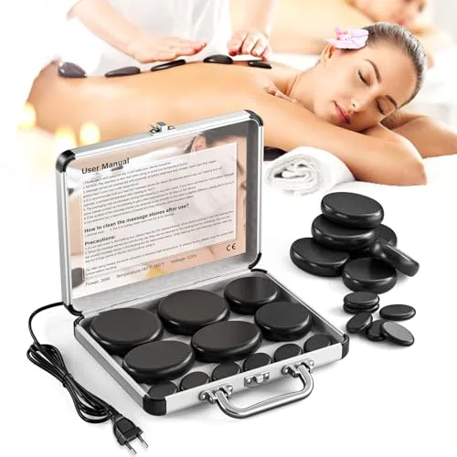 Set de masaje de piedra caliente, piedras de masaje de basalto con caja térmica portátil, dispositivo de calor de piedra caliente para uso doméstico, terapia de masaje, spa, relajación(12)