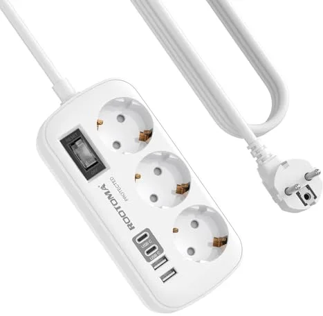 Regletas Enchufes con USB, Protección Sobretensión, 3 Tomas con Interruptor, Enchufe Múltiple de Carga 2 USB C y 2 USB A (5V/3,1A), Cable 1,5m, Ideal para Viajes y Hogar, 16A/4000W