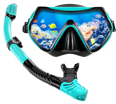 Gafas de Buceo Profesional para Adulto Gafas Snorkel Adulto Panorámico de 180°Vidrio Templado Máscara Set de Snorkel Dry Top para Hombres Mujeres