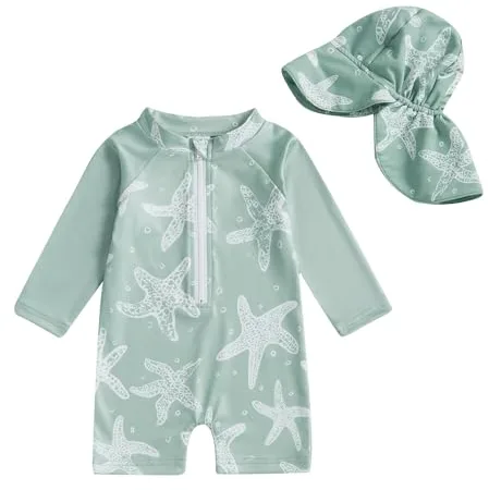 Yoolhamy Traje de Baño para Bebé Niño, Bañador Bebe Pequeños Bañador de Manga Larga con Cremallera para Niños con Gorro de Sol