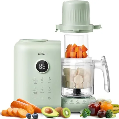 Bear Vaporera 6 en 1 con batidora premium para alimentos para bebés, vapor, agitación automática, calentamiento de leche, desinfección, función de autolimpieza, función de limpieza automática (Verde)