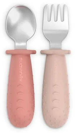 Suavinex, Cubiertos Bebé de Aprendizaje, Pack de Cuchara y Tenedor de Acero Inoxidable, Mango de Silicona Antideslizante, Ergonómicos, Seguros, para BLW, para Bebés +6 Meses, Apto Lavavajillas, Rosa