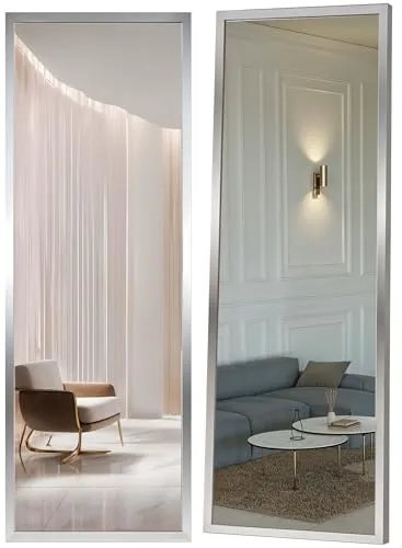 Marctani Espejo de Pie Cuerpo Entero - Espejo Grande y Largo con 3 Formas de Uso, Independiente, Montaje Pared y Apoyado - Marco de Aluminio para Dormitorio, Baño o Salon (Plateado 161x52 Standard)