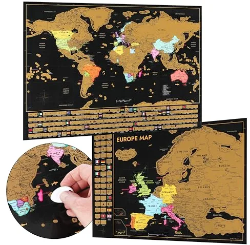 CraftWerk Mapa del mundo para rascar incl. mapa de Europa - mapa como póster de pared para fijar con alfileres - regalo para viajeros y veraneantes - Mapa para rascar 61 x 43 cm