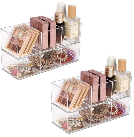 JessLab Organizador de Acrílico, Pack de 4 Almacenaje Transparente para Maquillaje, Tocador, Baño, Diseño Apilable para Cosméticos, Joyería y Suministros de Oficina, 3 Compartimento