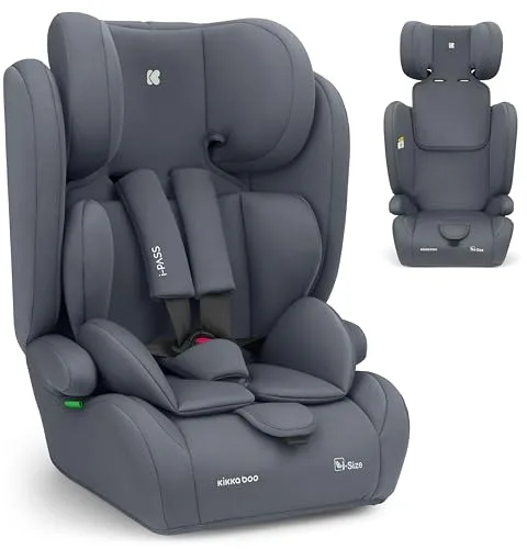 KikkaBoo Silla de Coche Sin ISOFIX Grupo 1 2 3 (9-36 kg, 76-150cm) i-PASS, Silla Coche Bebé y Niños, Reposacabezas 13 Posiciones, 15 Meses a 12 Años, Cadeira Auto, Gris