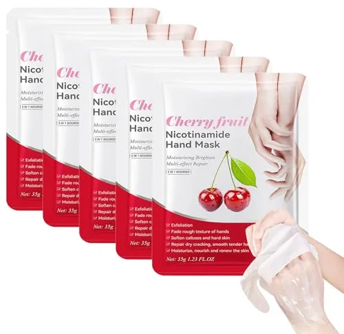 Guantes para el cuidado de las manos, 5 pares de máscaras de mano, extracto de cereza, guantes hidratantes, suavizantes para manos ásperas, cuidado de las manos, efecto suavizante de la piel