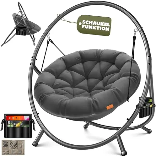 KESSER Silla colgante con estructura Bali, columpio colgante de hasta 150 kg, para interior y exterior, cojín y bolsillo lateral, cesta colgante, estructura de acero y cojín de espuma, ideal para