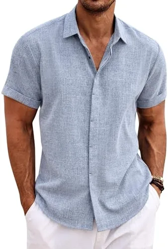 COOFANDY Camisa de Lino para Hombre Manga Corta Camisas Informales Camisa de Lino para Verano y Playa Azul Vaquero Claro XL