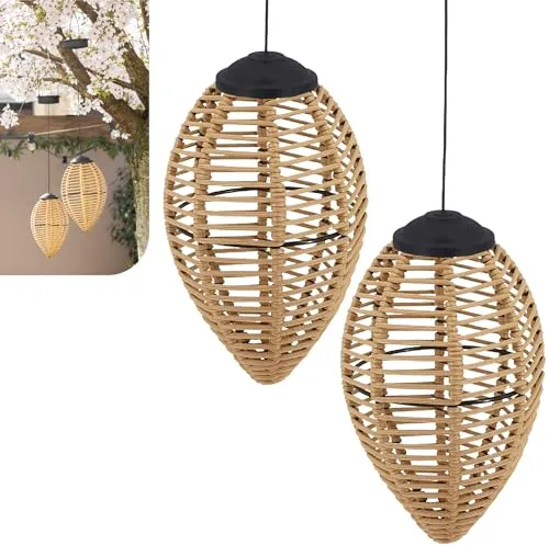 Gadgy Lámparas Solares de Ratán para Exterior – Set de 2 Faroles LED Colgantes – Iluminación Solar Decorativa Jardín, Terraza y Balcón – Luces Solares Resistentes al Agua