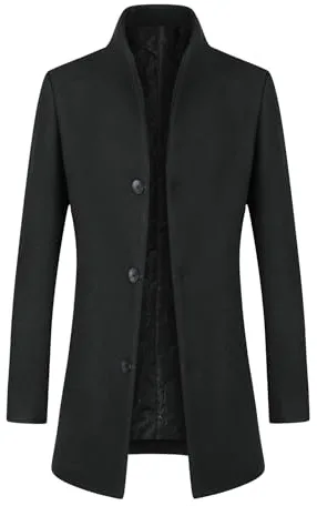 Allthemen Abrigo Hombre Grueso Invierno Largo Trench Coat de Lana Caliente Chaqueta Slim Fit Parka Cuello Alto Negro-grueso L