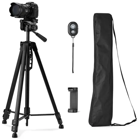 Amazon Basics Trípode para Teléfono y Cámara Réflex Digital de 152cm/60in, Ligero, con Bolsa, Mando a Distancia Inalámbrico y Soporte para Teléfono, Altura Ajustable, Negro