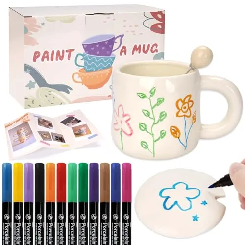 KKSJK Pintar Cerámica Kit Taza, Tapa, Asa y Cuchara, Taza Blanca y Rotuladores de Porcelana, Kit de Bricolaje Ocio Creativo para Adultos, Aptos para Lavavajillas