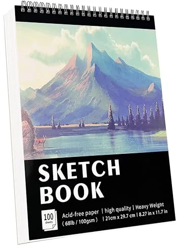 KINSPORY Bloc de Dibujo A4, 100 Hojas / 200 Páginas, Sketchbook 100 g/m², Bloc de Dibujo Encuadernado en Espiral, Papel de Dibujo Artístico Libre de Ácido, Escritura y Dibujo para Niños y Adultos