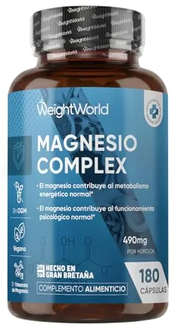 Magnesio Complex 490mg, 180 Cápsulas, 3 Meses de Suministro - Con Citrato, Bisglicinato, Malato y Taurato de Magnesio, L-Leucina, 2 Cápsulas al Día, Apto para Veganos, Sin Gluten ni OGM