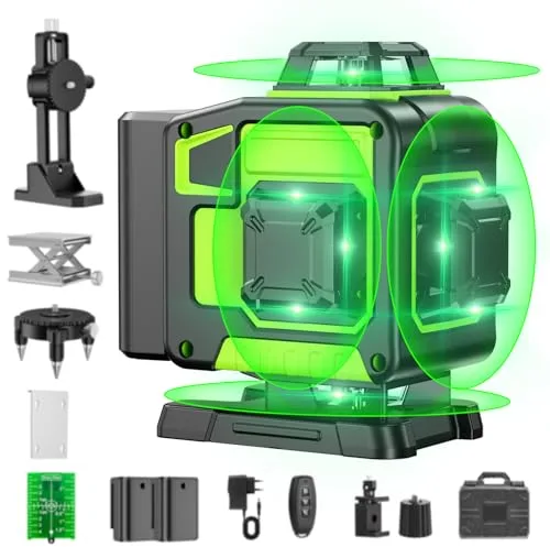Nivel Laser Autonivelante 360 Grados, Nivel Láser Verde 16 Líneas, 2 x 360 Horizontal y 2 x 360 Verticales, 2 x Batería, Montaje en Pared, Control Remoto, Base Magnética, Soporte Giratorio