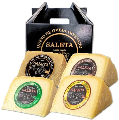 SALETA® Cesta Quesos Gourmet Regalo | Queso Oveja de La Mancha | 4 Cuñas Queso Curado, Semicurado, Añejo y en Aceite de Oliva Virgen Extra | Surtido de quesos "Pack Más Premiados 1Kg"