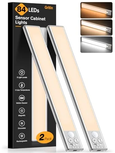 Gritin Luz de Armario Recargable, 26CM Superbrillantes Luces Cocina - 3 Colores & 5 Niveles de Brillo, 4 Modos, Sensor Movimiento, Larga Duración, Fácil Instalación, Luces Armario Magnéticas-2 Pack