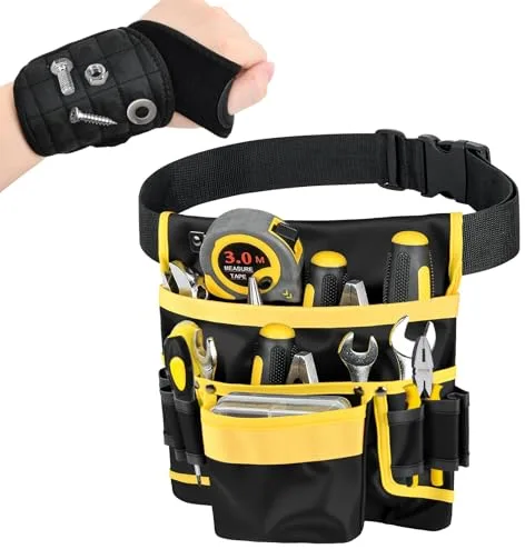 Mapille Cinturón de Herramientas para Hombre, Cinturón de Herramientas Adaptable con 13 Bolsillos Cinturón de Trabajo con Correa de Muñeca Magnética para Electricistas Técnicos Carpintero Constructor