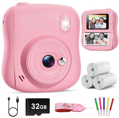 Hangrui Camara Fotos Infantil Instantanea, 1080P Camara Fotos Infantil, Cámara Instantánea para Niños con Tarjeta de 32GB,Papel de Impresión y Bolígrafos de Colores, Regalos Juguete-Rosa